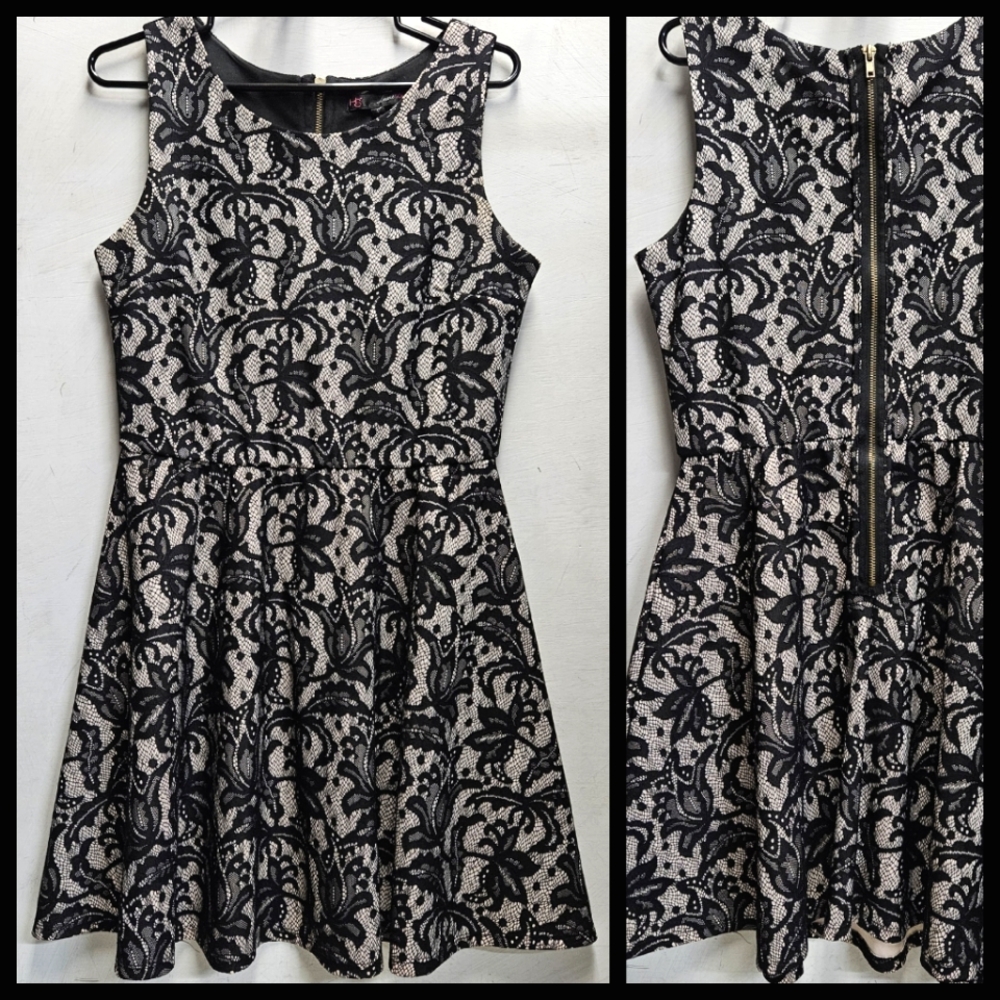 Heart Soul sleeveless cream & black lace skater mini dress ~ womens medium